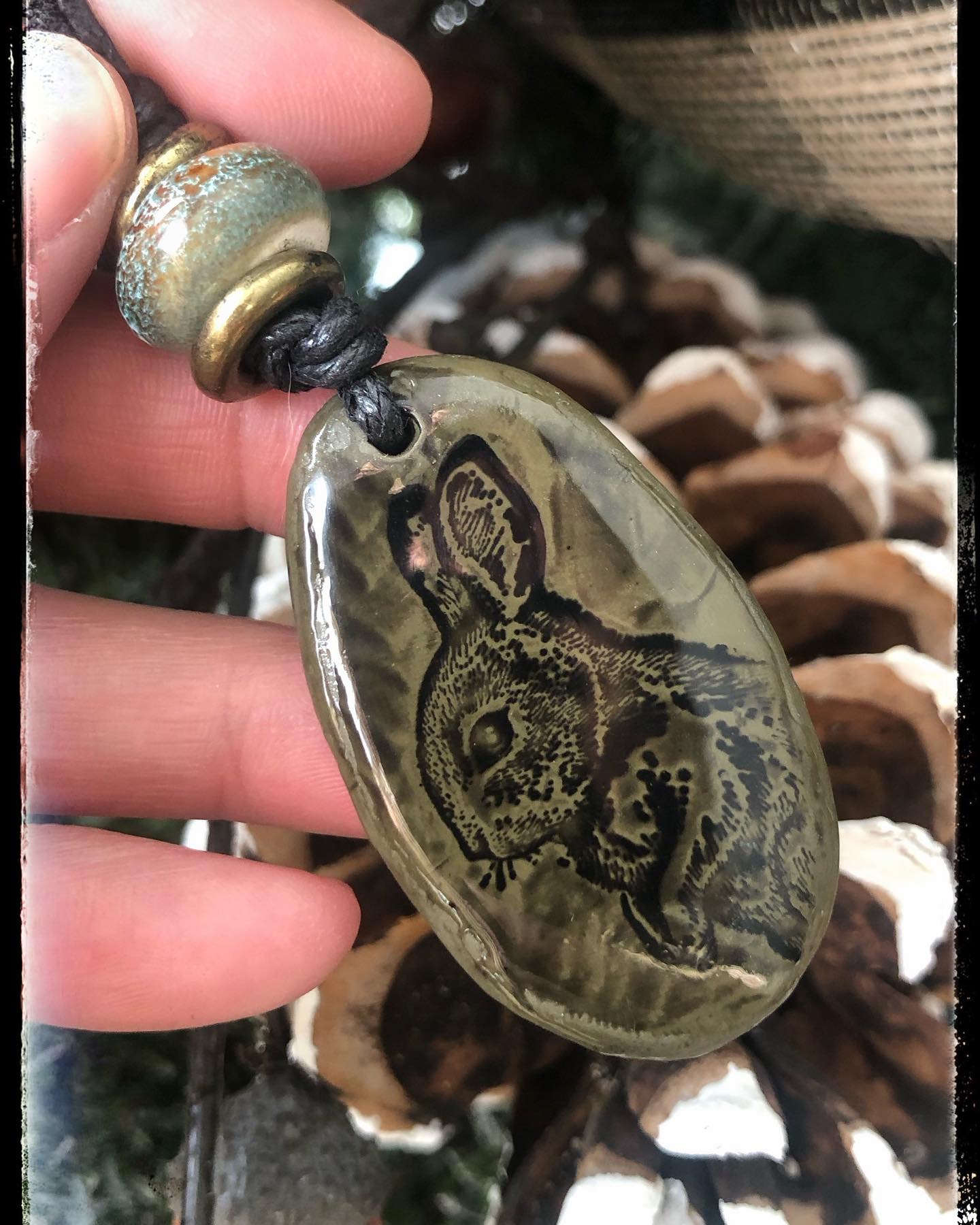 Olive Green Cabochon featuring resin Bunny details - No.2