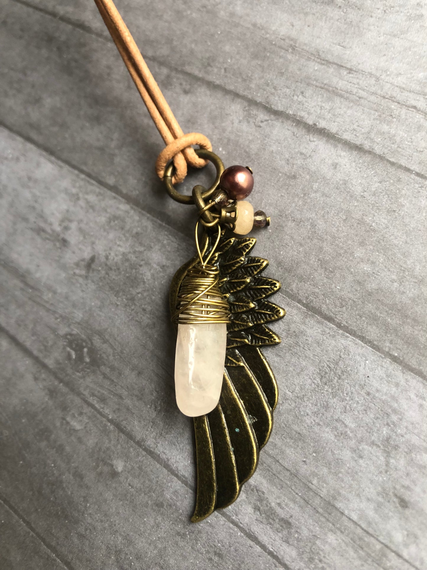 Large Brass Wing Pendant on Faux Leather Cord with Rose Quartz