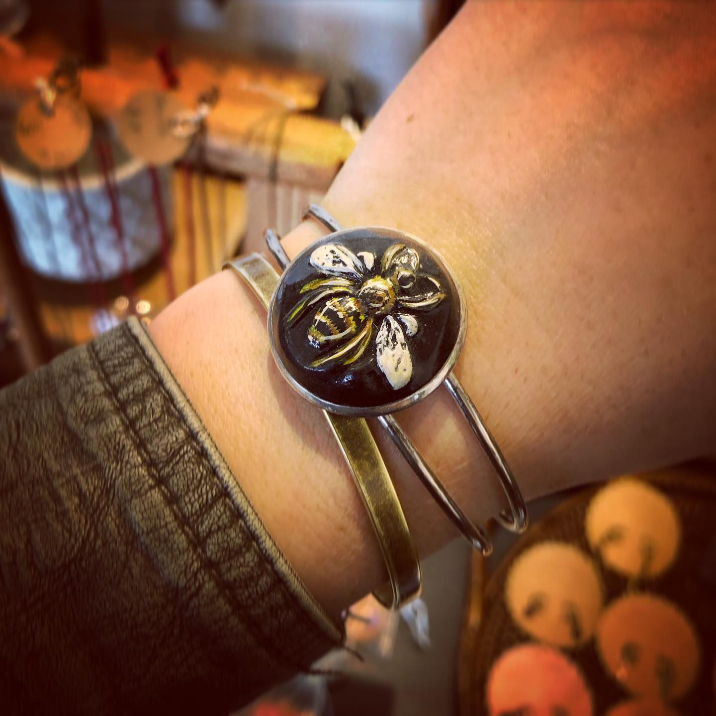 Hand Painted Bee on Periwinkle Clay Cabochon Set in Silver Plated Adjustable Cuff Bracelet