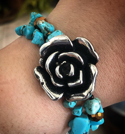 Bracelet - Large Rose Bead in Pewter on Hand Made Stretch Cord Beaded with Turquiose and cut glass brass tone beads