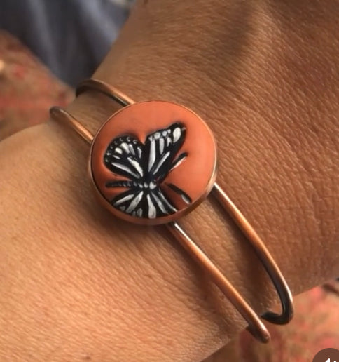 Small Black and White Hand Painted Monarch Cuff Bracelet in Copper