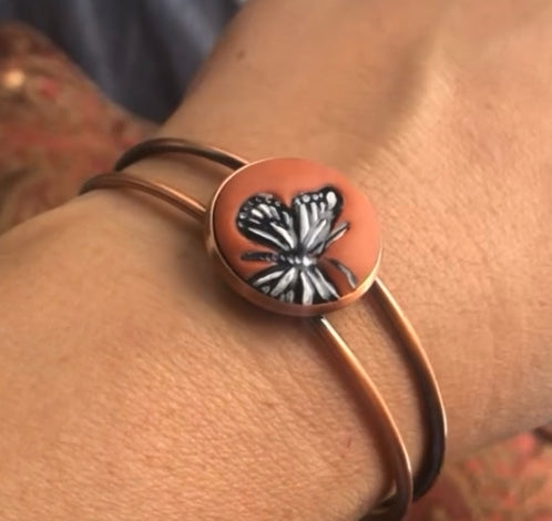 Small Black and White Hand Painted Monarch Cuff Bracelet in Copper