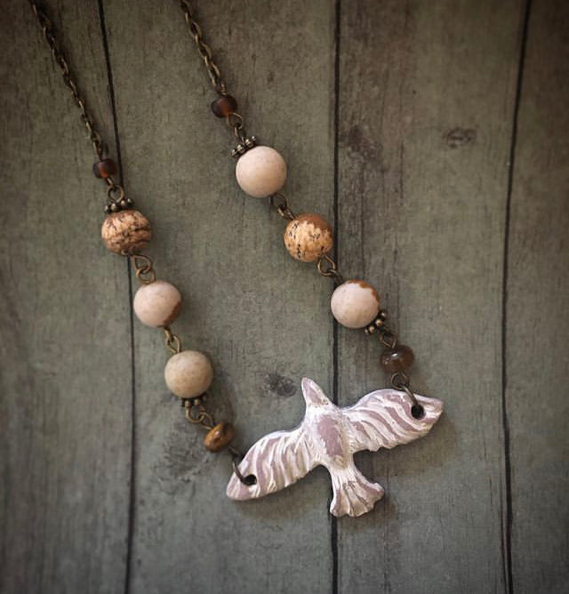 Free Bird No.6 - Carved Clay Bird with Handmade Faux Stone Beads