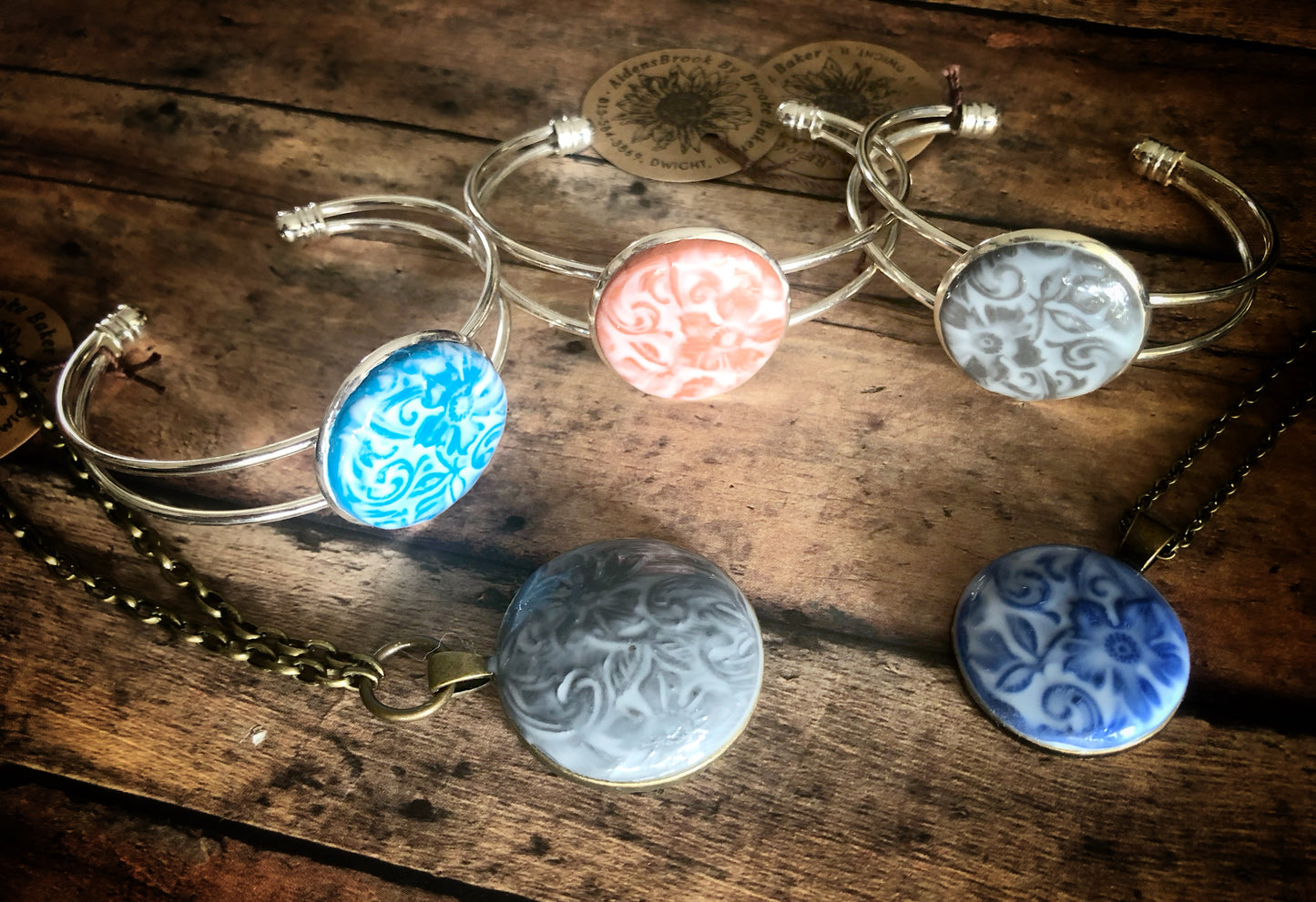 Glazed Cermaic Style Cabochon No. 3 - Set into 1 Inch Round Antiqued Brass Setting Hung with a 18 Inch Chain (Copy)
