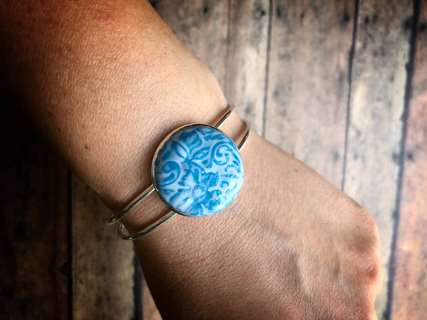 Glazed Cermaic Style Cabochon No. 3 - Set into 1 Inch Round Antiqued Brass Setting Hung with a 18 Inch Chain (Copy)
