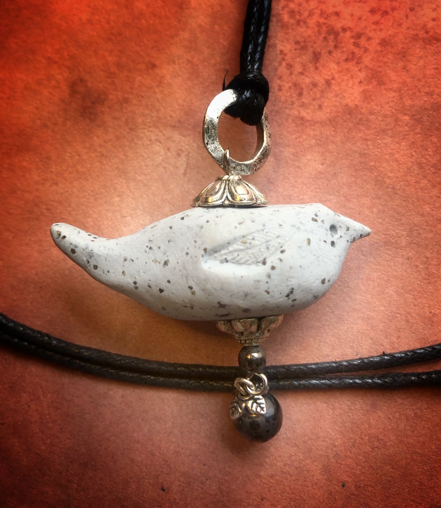 Carved Clay Bird Charm Pendant Necklace on Faux Leather Cord