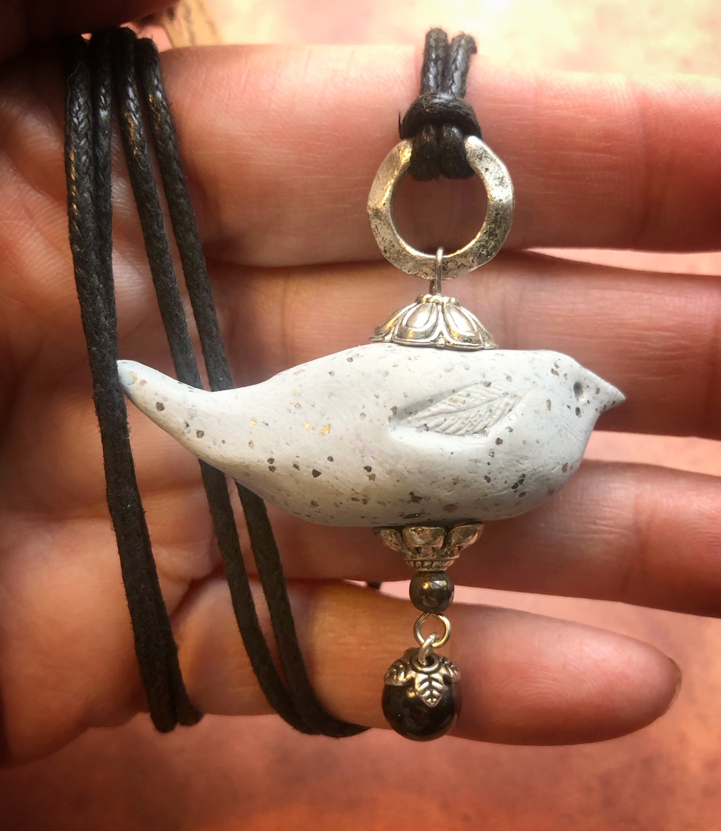 Carved Clay Bird Charm Pendant Necklace on Faux Leather Cord