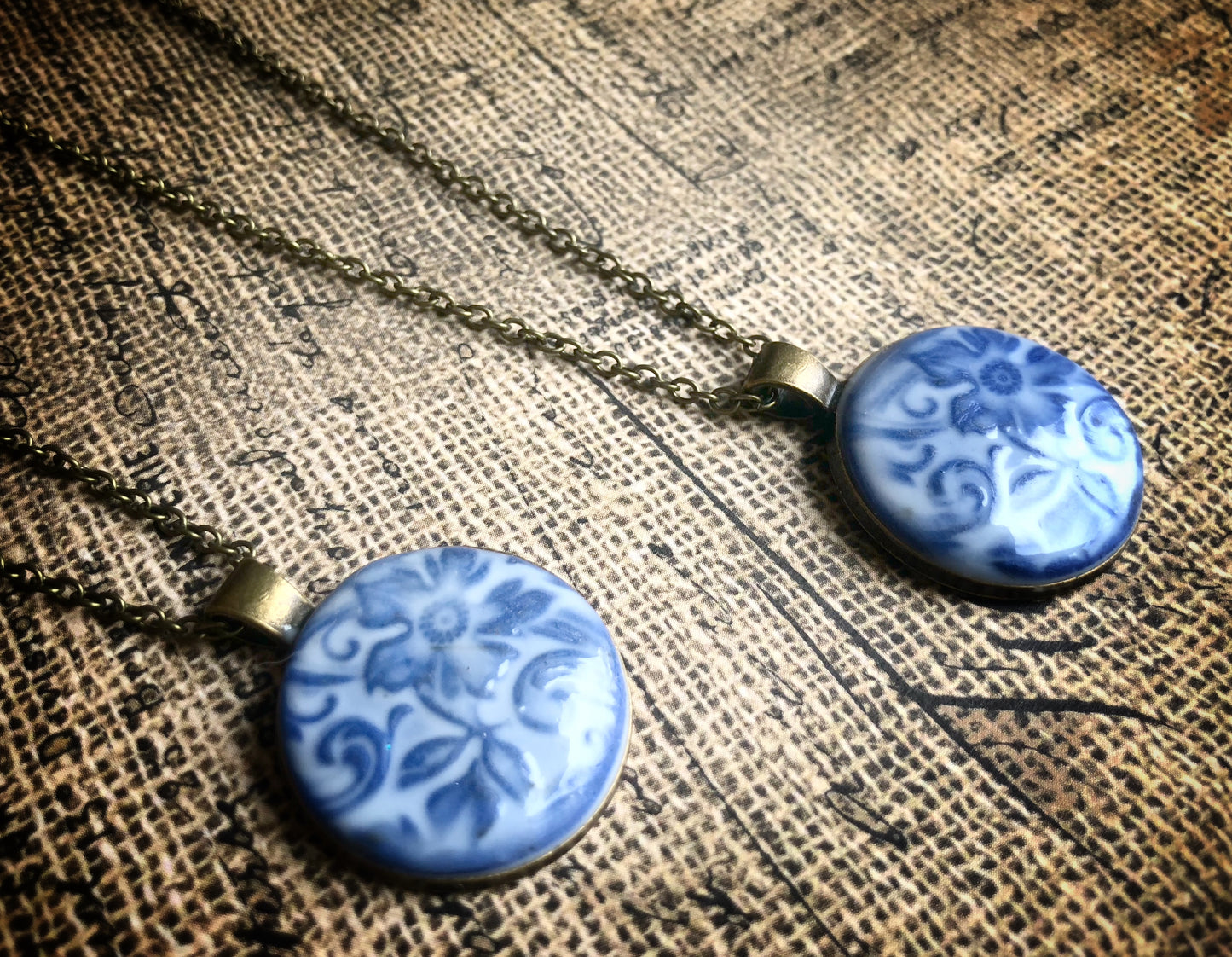 Glazed Cermaic Style Cabochon No. 3 - Set into 1 Inch Round Antiqued Brass Setting Hung with a 18 Inch Chain (Copy)
