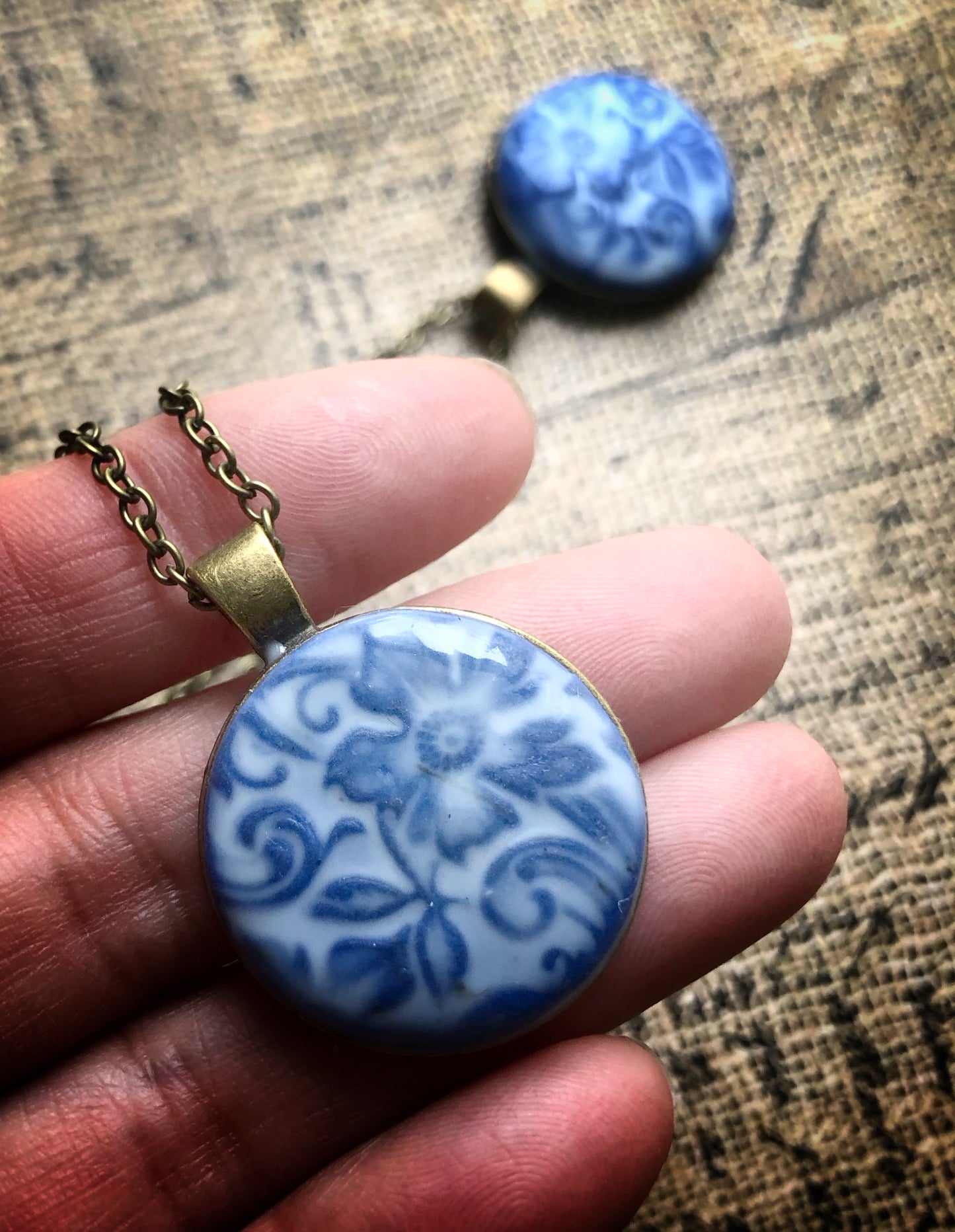 Glazed Cermaic Style Cabochon No. 3 - Set into 1 Inch Round Antiqued Brass Setting Hung with a 18 Inch Chain (Copy)