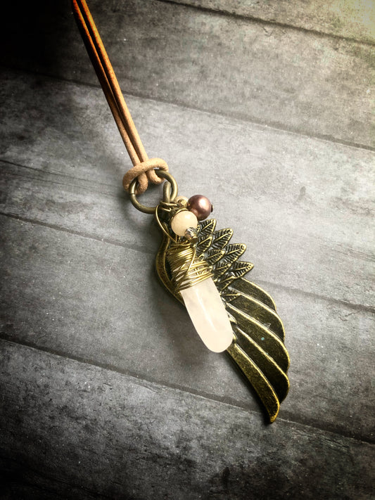 Large Brass Wing Pendant on Faux Leather Cord with Rose Quartz