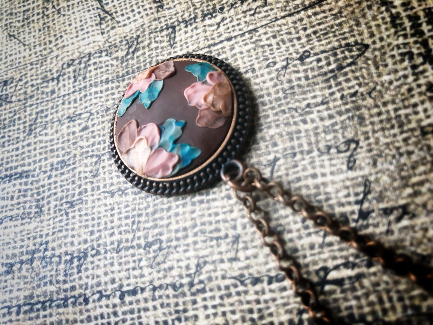 Pink Mix Carved Clay Flowers on Brown Clay Cabochon Pendant Necklace