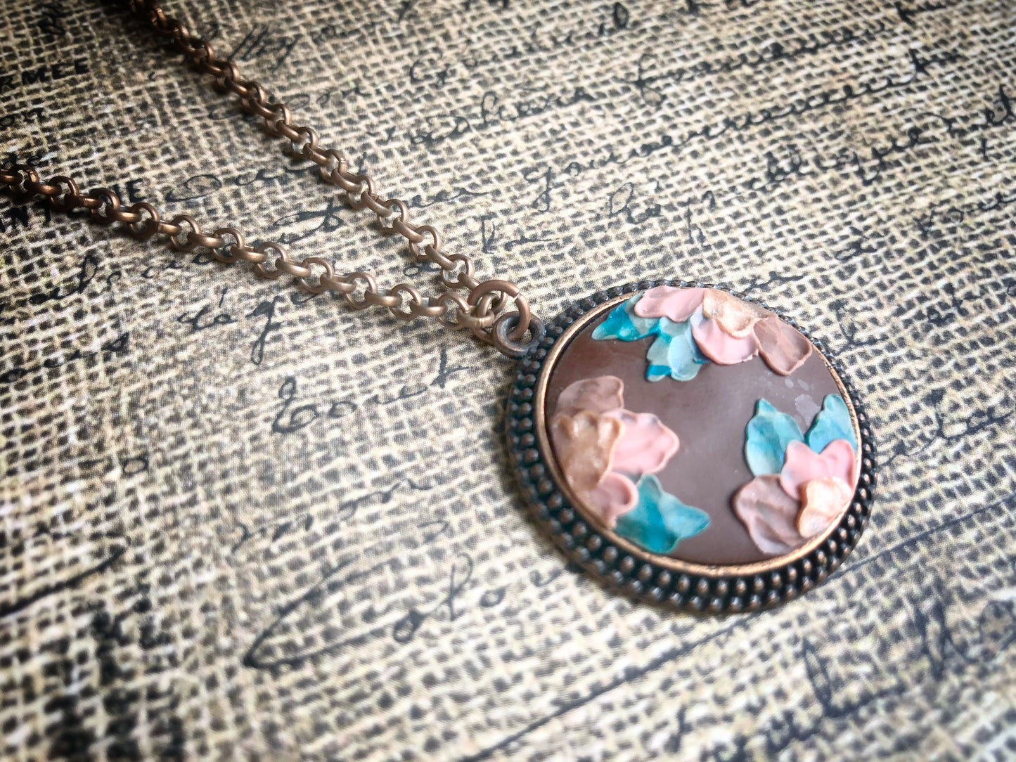 Pink Mix Carved Clay Flowers on Brown Clay Cabochon Pendant Necklace