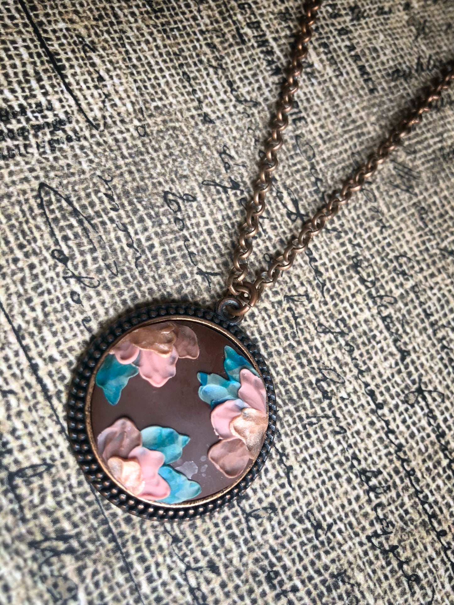 Pink Mix Carved Clay Flowers on Brown Clay Cabochon Pendant Necklace