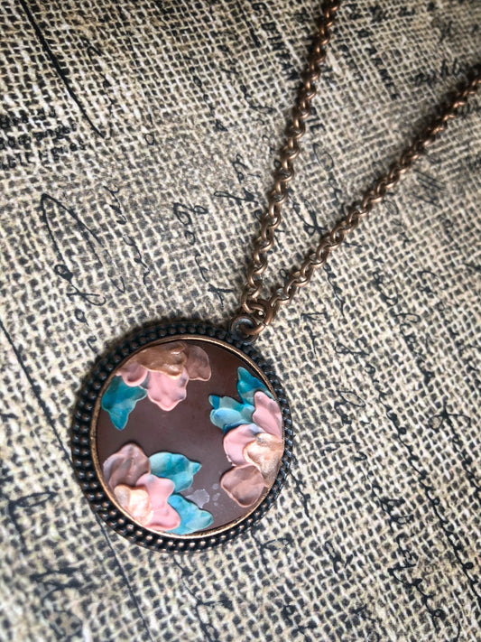 Pink Mix Carved Clay Flowers on Brown Clay Cabochon Pendant Necklace