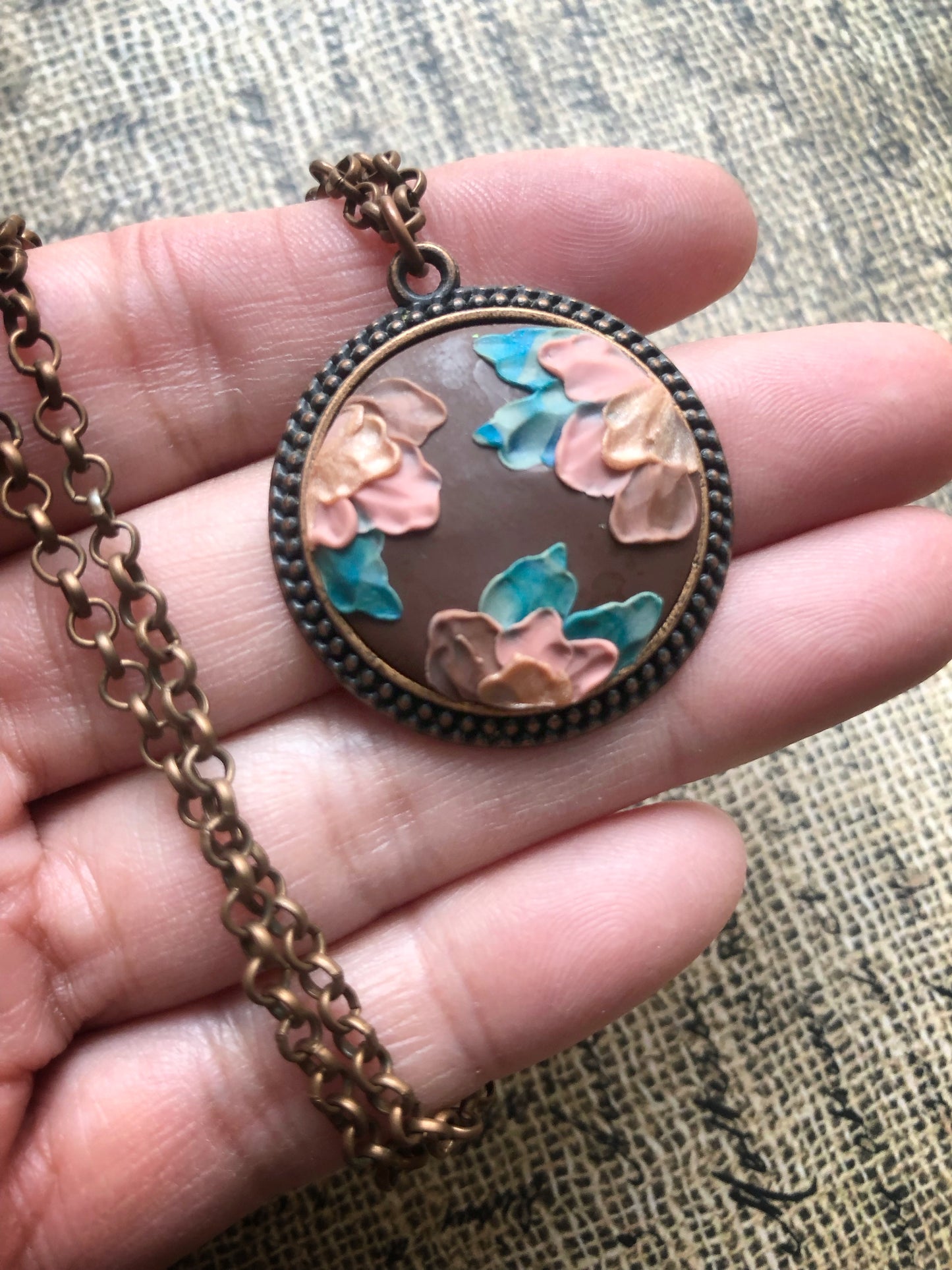 Pink Mix Carved Clay Flowers on Brown Clay Cabochon Pendant Necklace