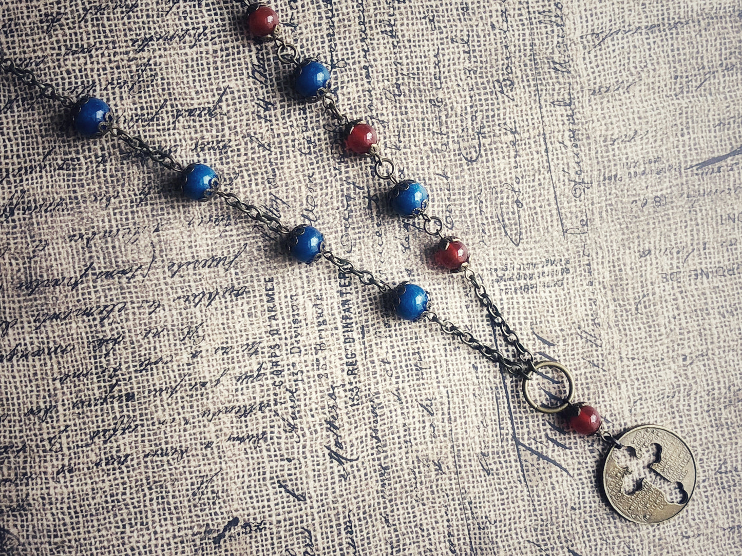 Lord’s Prayer Rosary Style Long Beaded Chain Necklace in Red and Blue