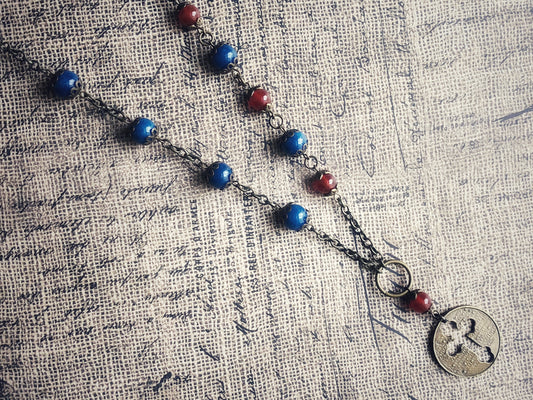 Lord’s Prayer Rosary Style Long Beaded Chain Necklace in Red and Blue