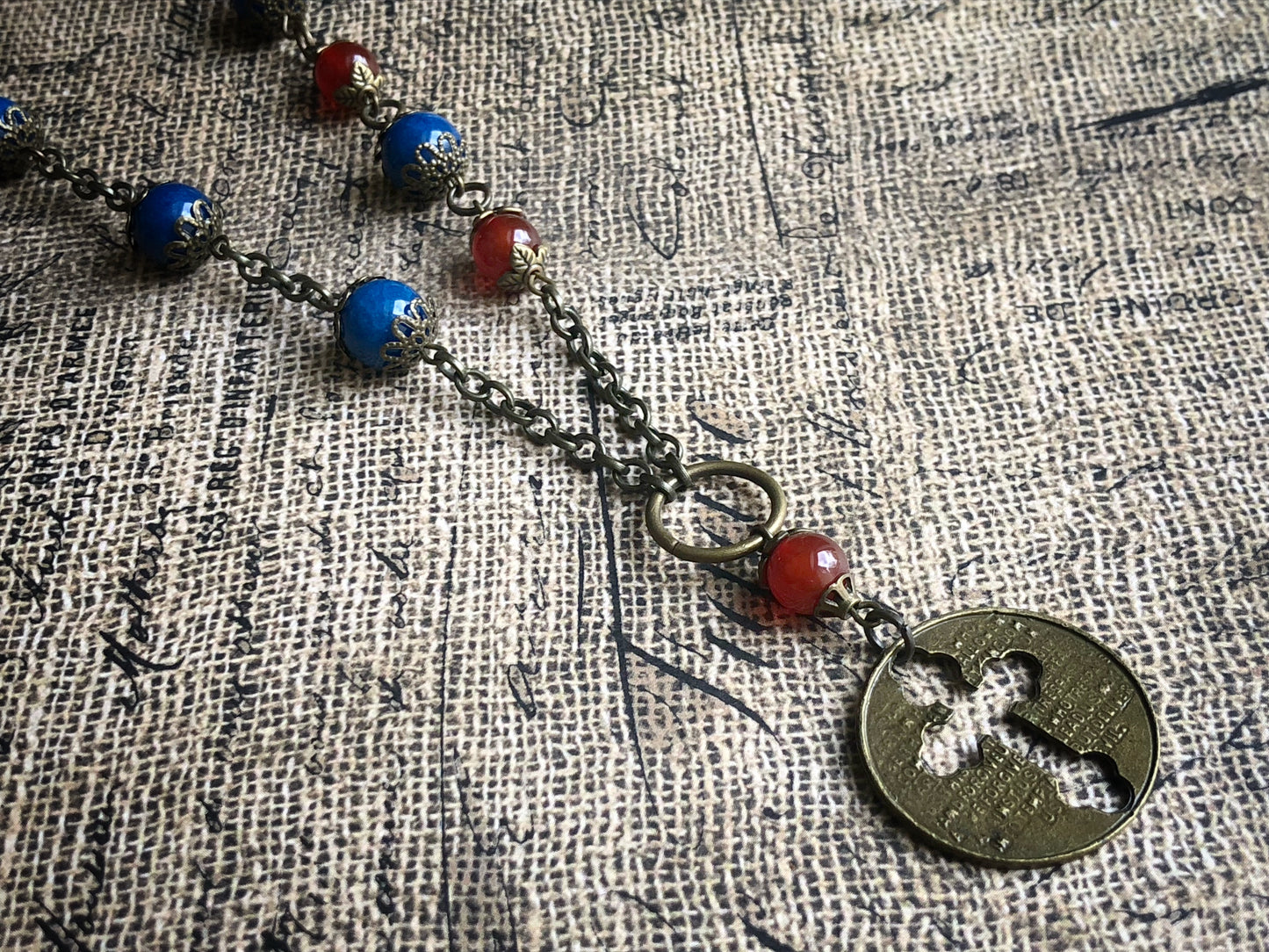 Lord’s Prayer Rosary Style Long Beaded Chain Necklace in Red and Blue
