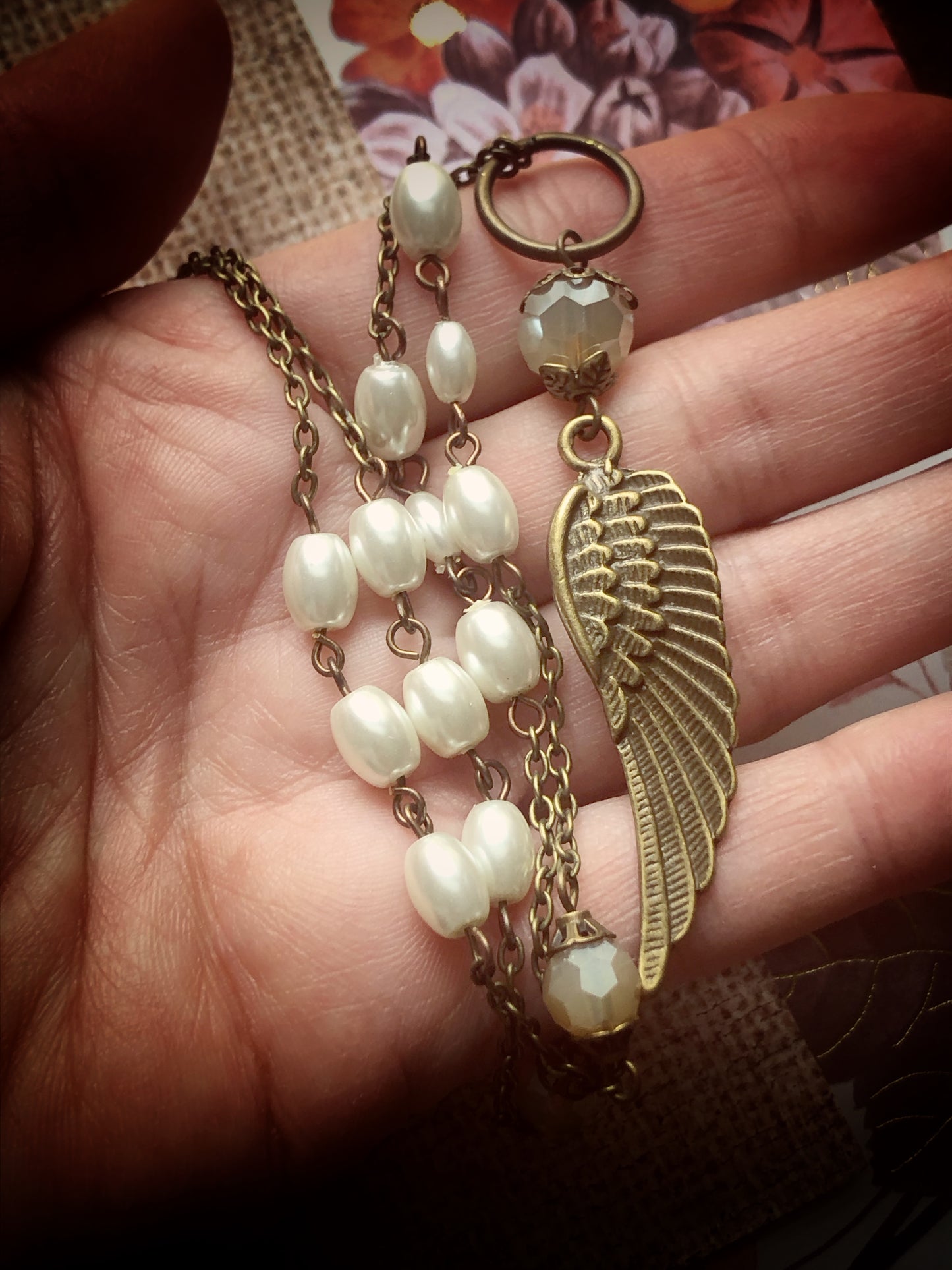 Rosary Style Beaded Chain with Vintage Glass Pearls, a Little Sparkle and Angel Wing Charm