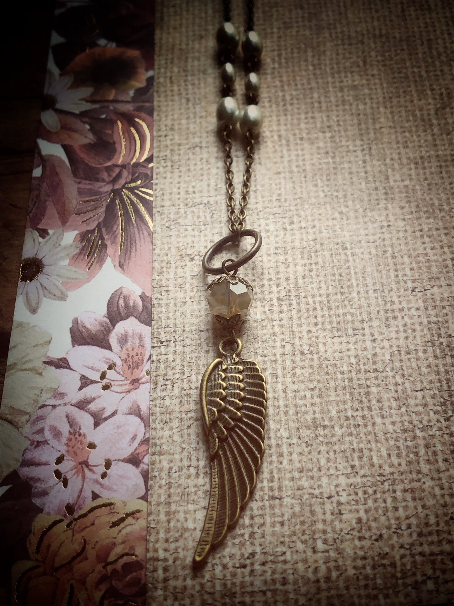 Rosary Style Beaded Chain with Vintage Glass Pearls, a Little Sparkle and Angel Wing Charm