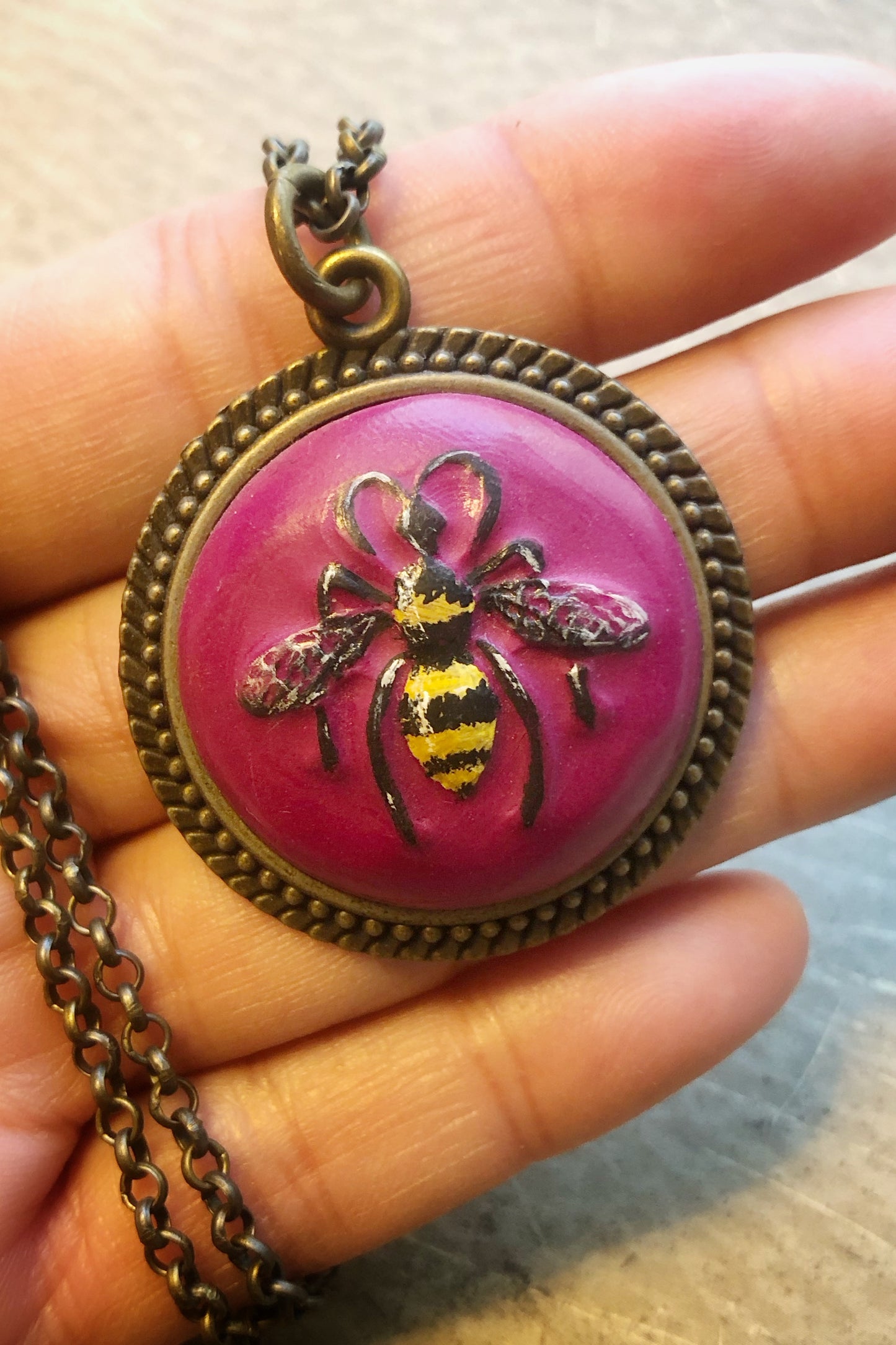 Large Hand Carved Queen Bee Cabochon in Fushia