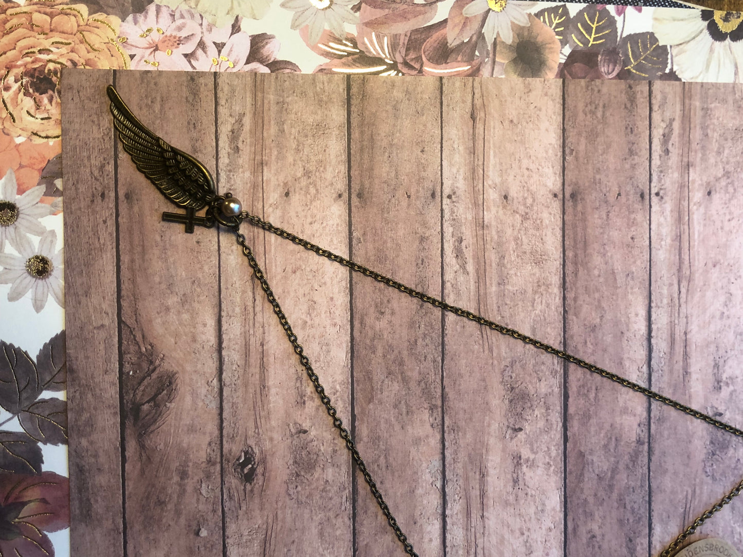 Petite Angel Wing with Pearl and Cross Pendant Necklace