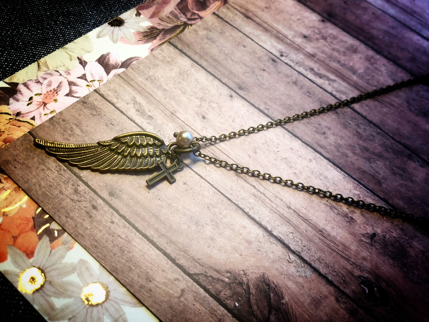 Petite Angel Wing with Pearl and Cross Pendant Necklace