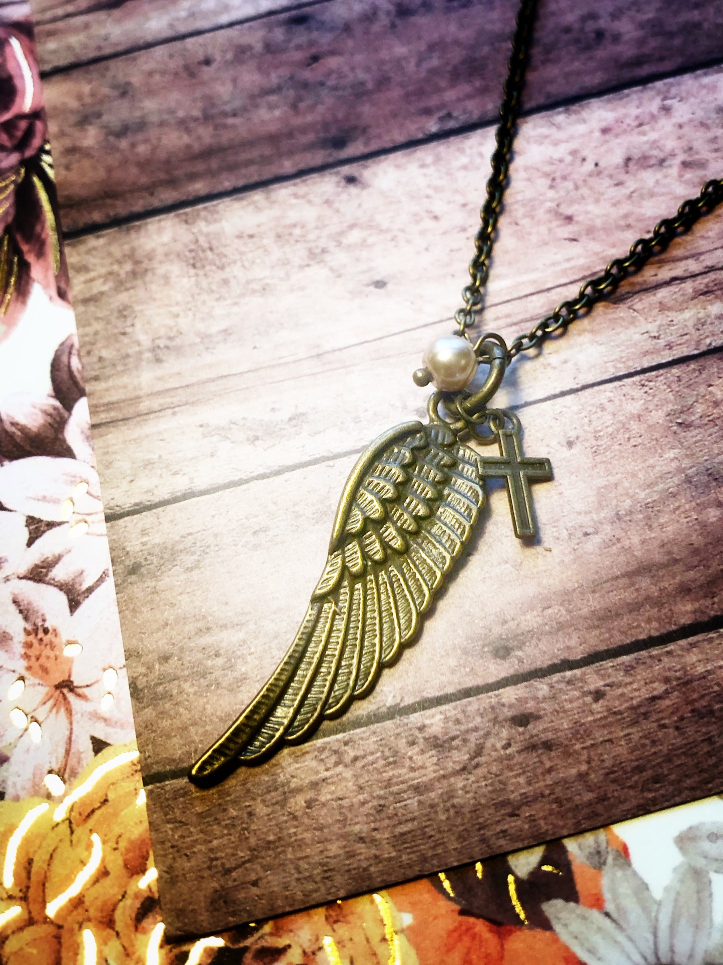 Petite Angel Wing with Pearl and Cross Pendant Necklace