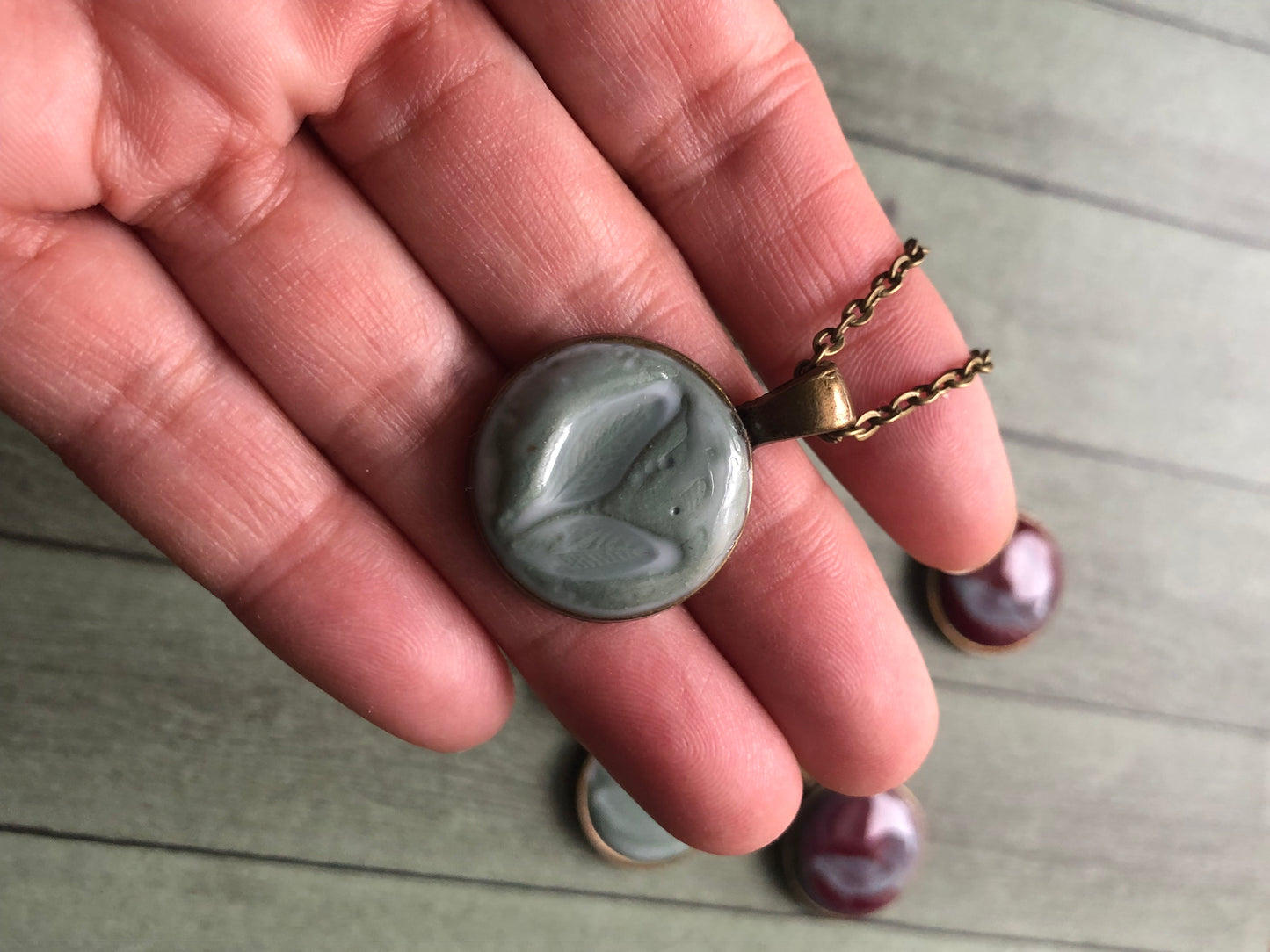 Stamped Leaf in Sage Green Clay Cabochon Pendant No.2