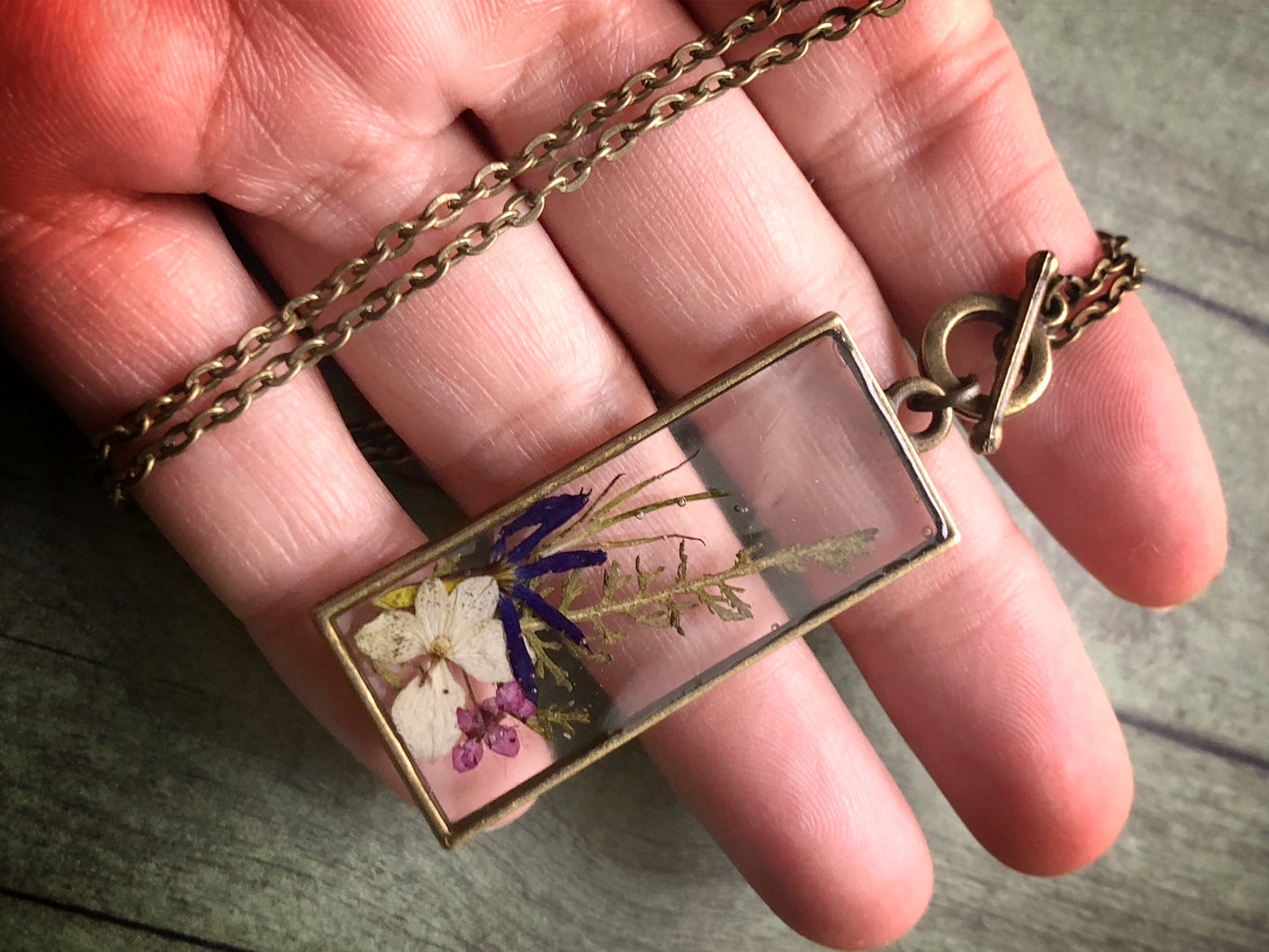 Pressed flowers in resin pendant necklace No.6