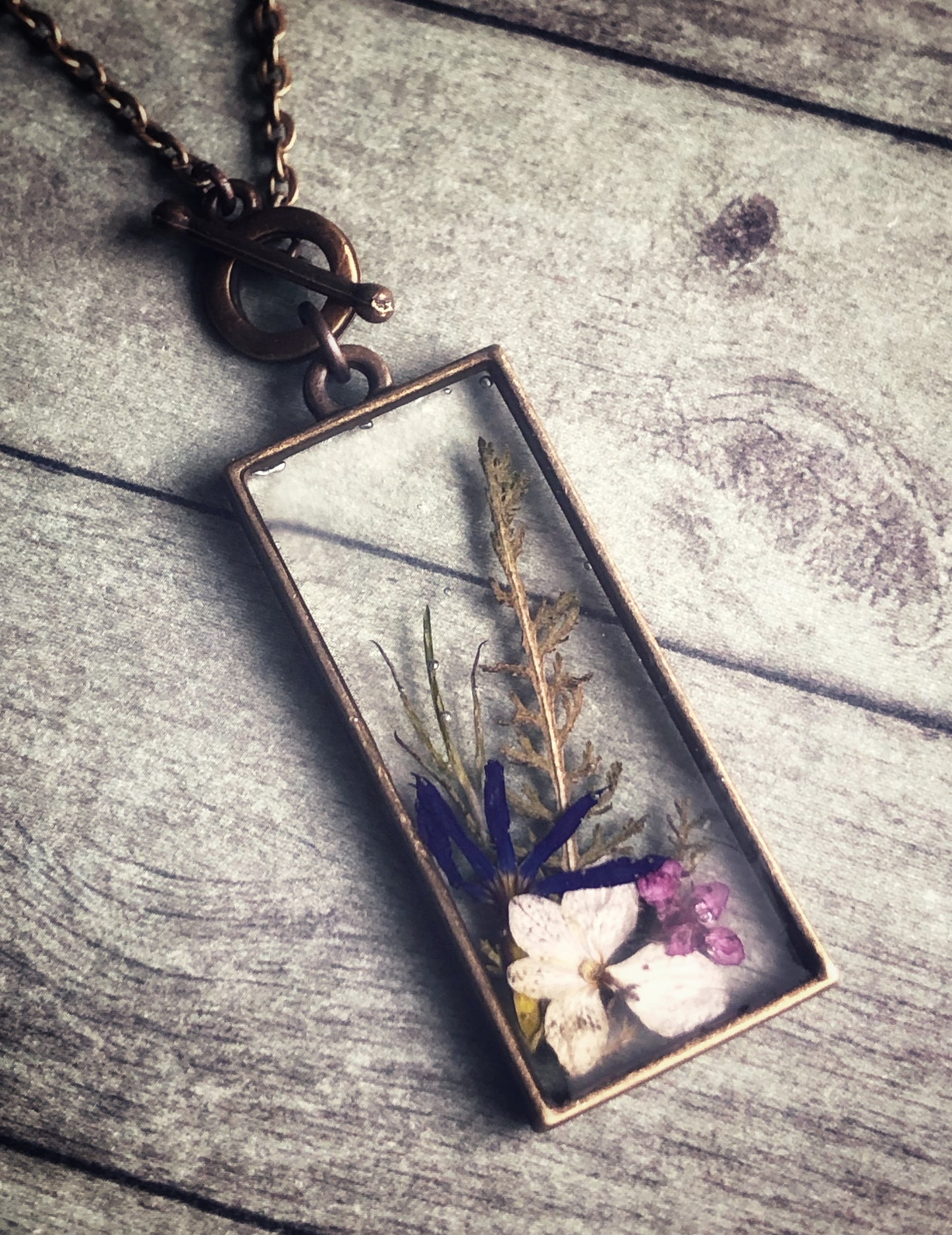 Pressed flowers in resin pendant necklace No.6