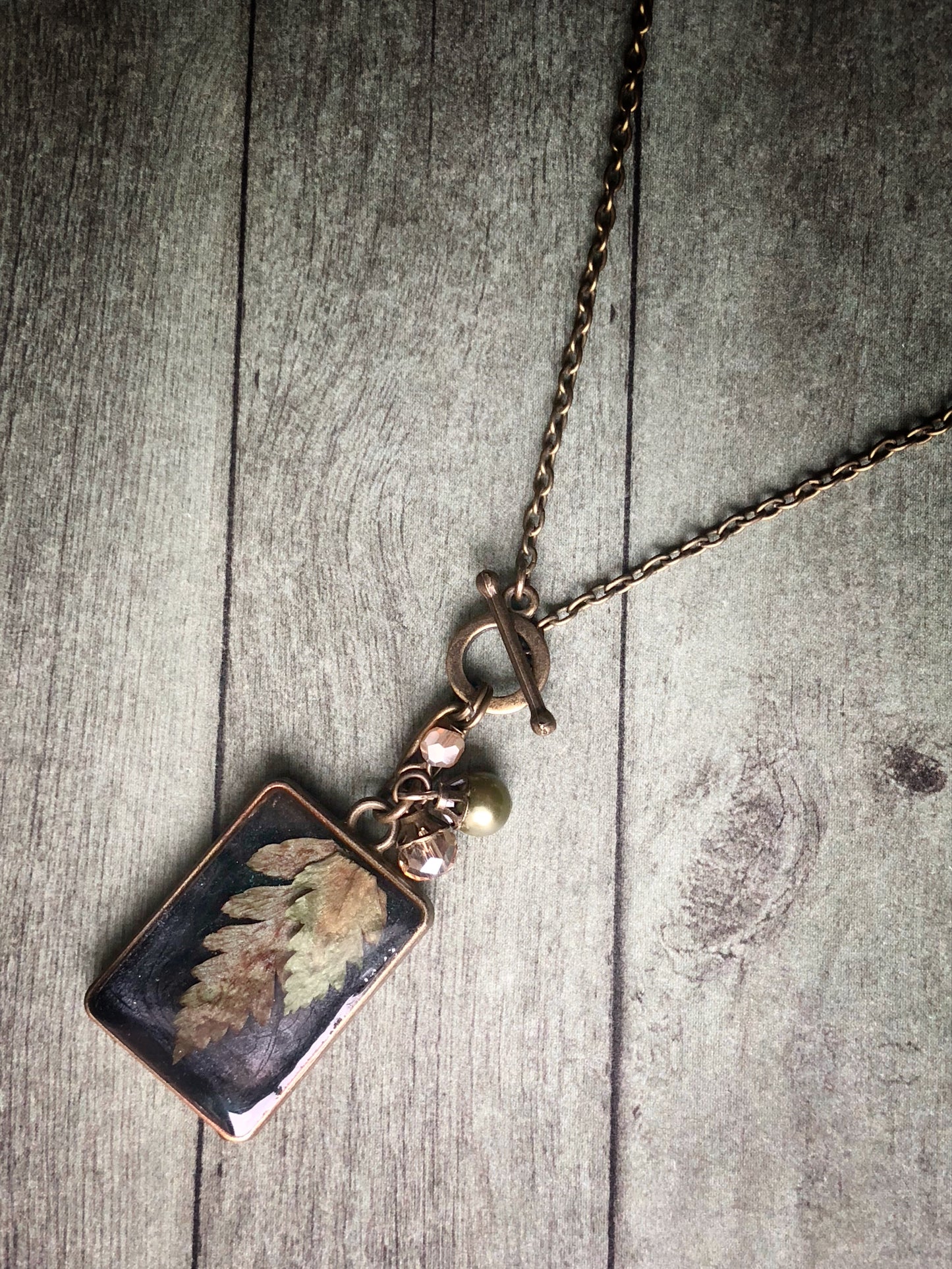 Pressed Leaves in resin with clustered glass bead pendant necklace No.4