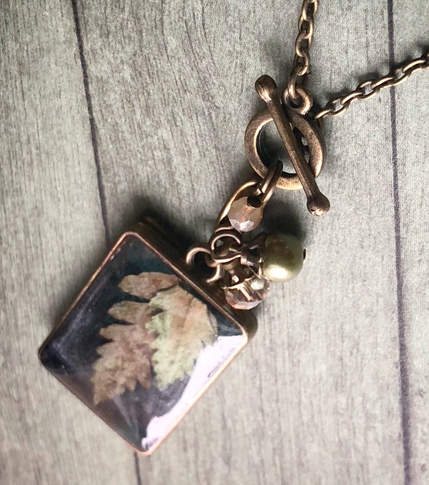 Pressed Leaves in resin with clustered glass bead pendant necklace No.4