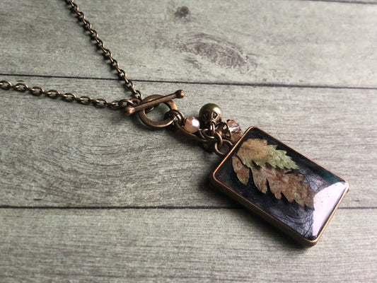 Pressed Leaves in resin with clustered glass bead pendant necklace No.4