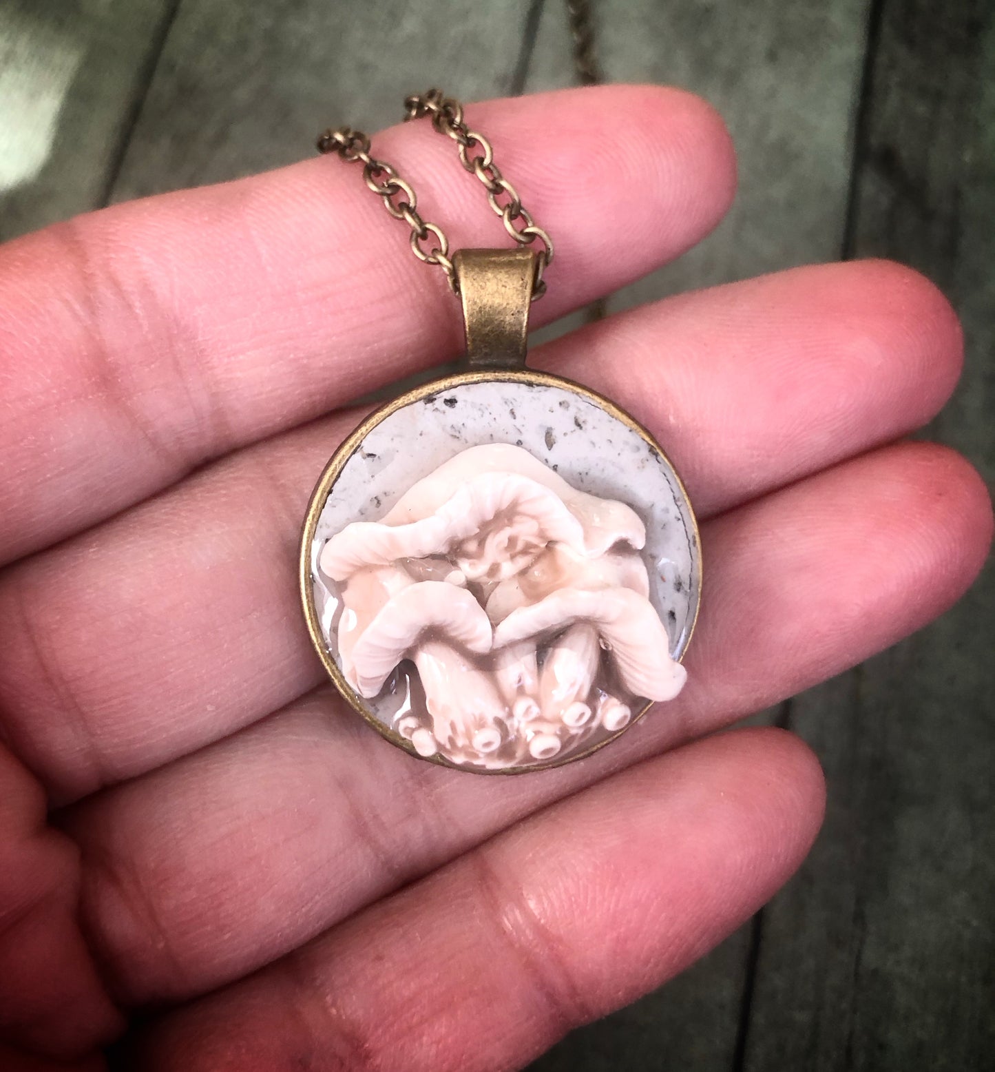 Hand Carved Mushroom Trio Pendant Necklace