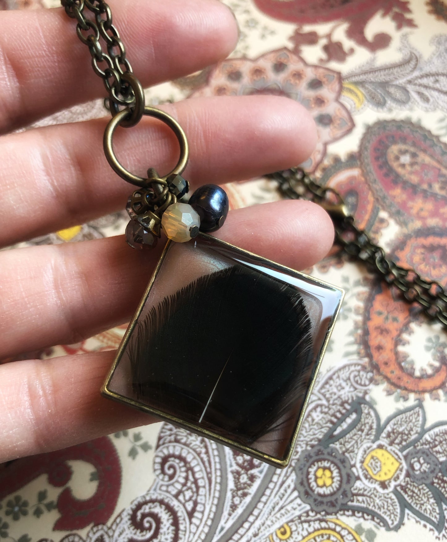 Hand Made Artisan Jewelry - Black Feather in Resin Necklace No.2