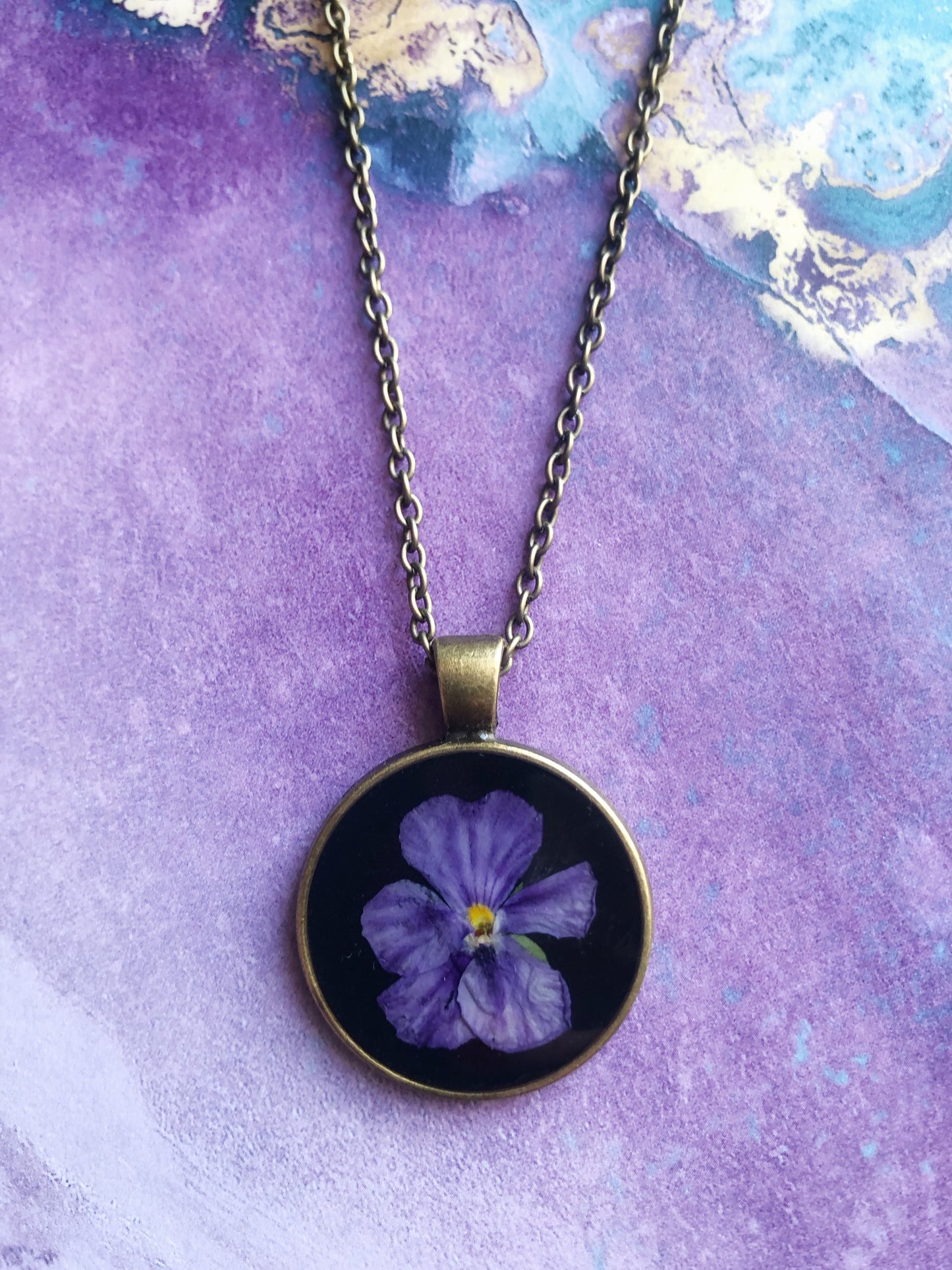 Bright Purple Pansy on Black Hand Made Pendant Necklace No.2