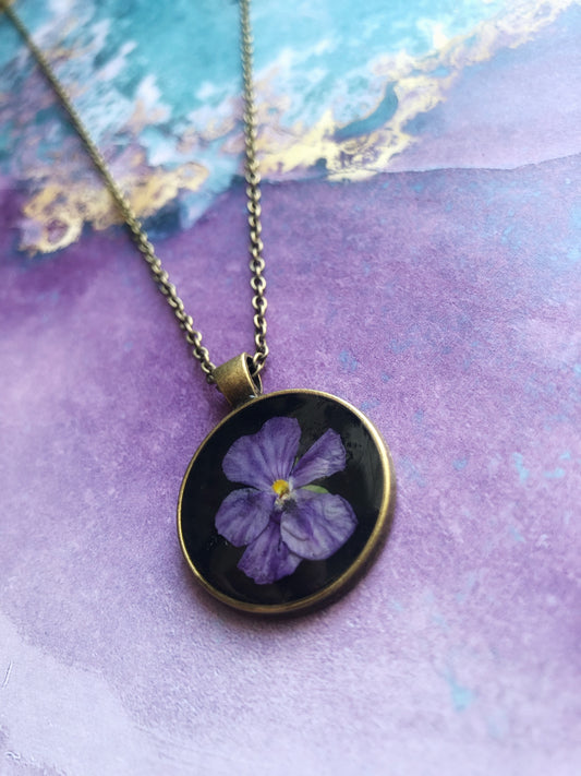 Bright Purple Pansy on Black Hand Made Pendant Necklace No.2