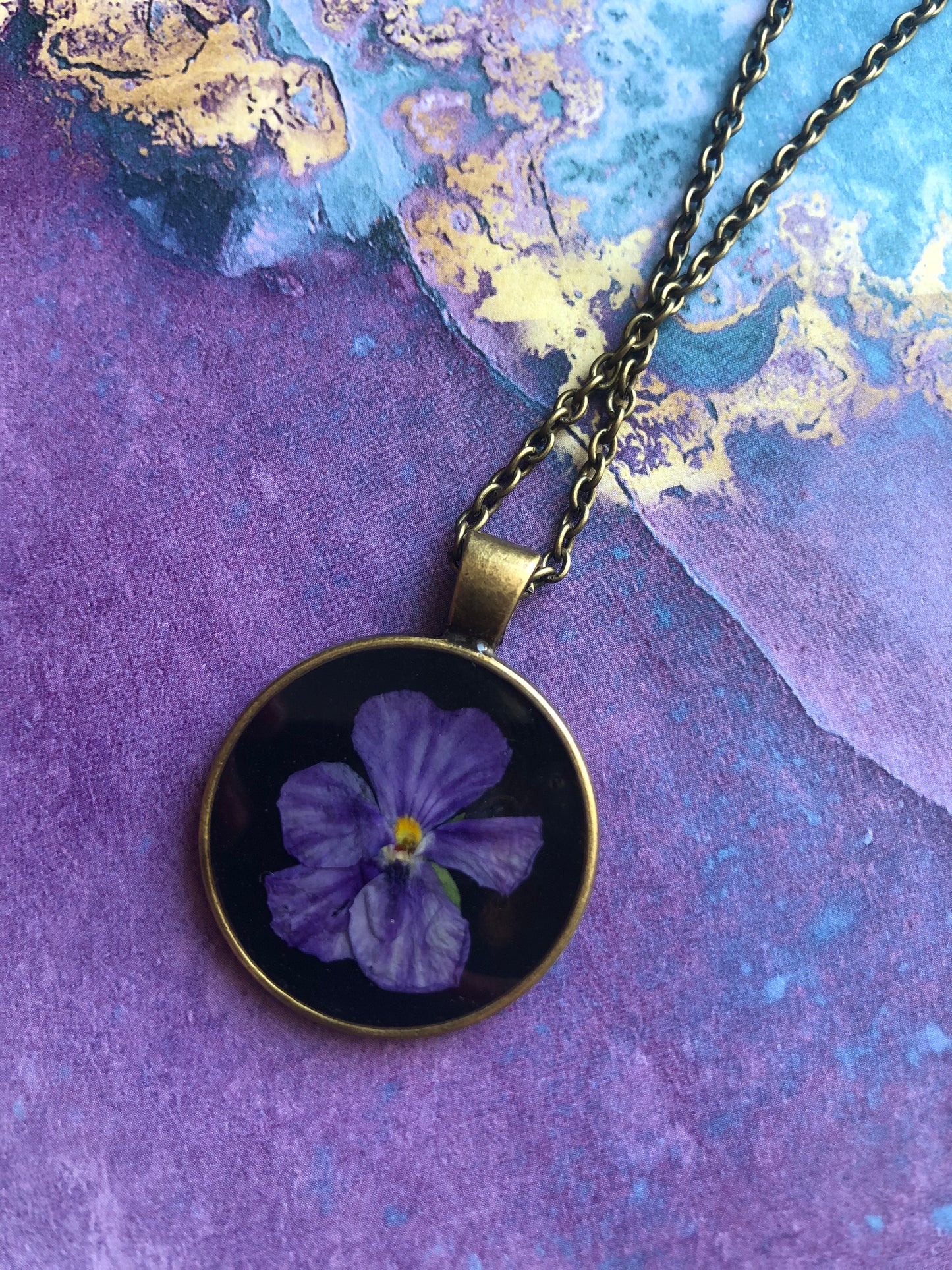 Bright Purple Pansy on Black Hand Made Pendant Necklace No.2