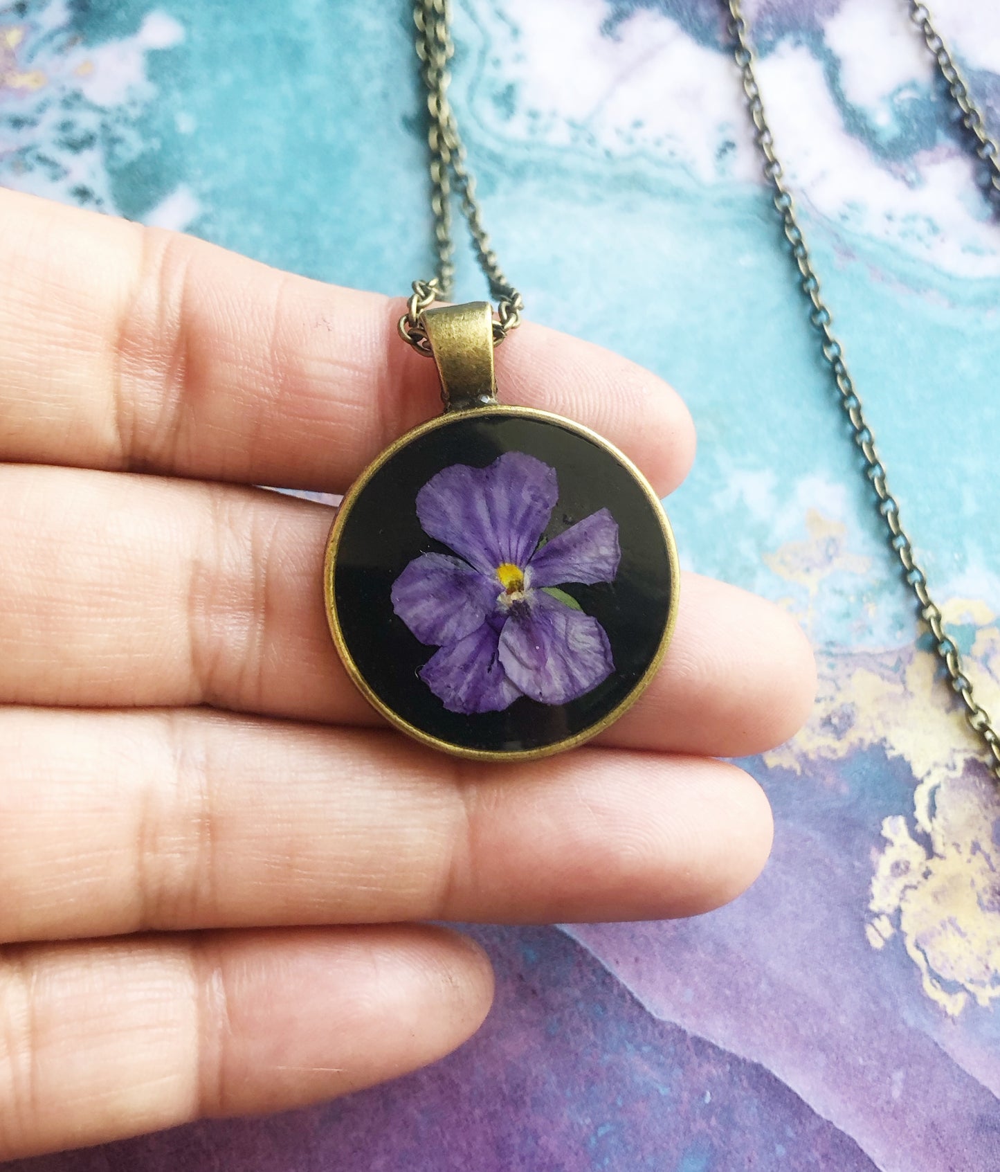 Bright Purple Pansy on Black Hand Made Pendant Necklace No.2