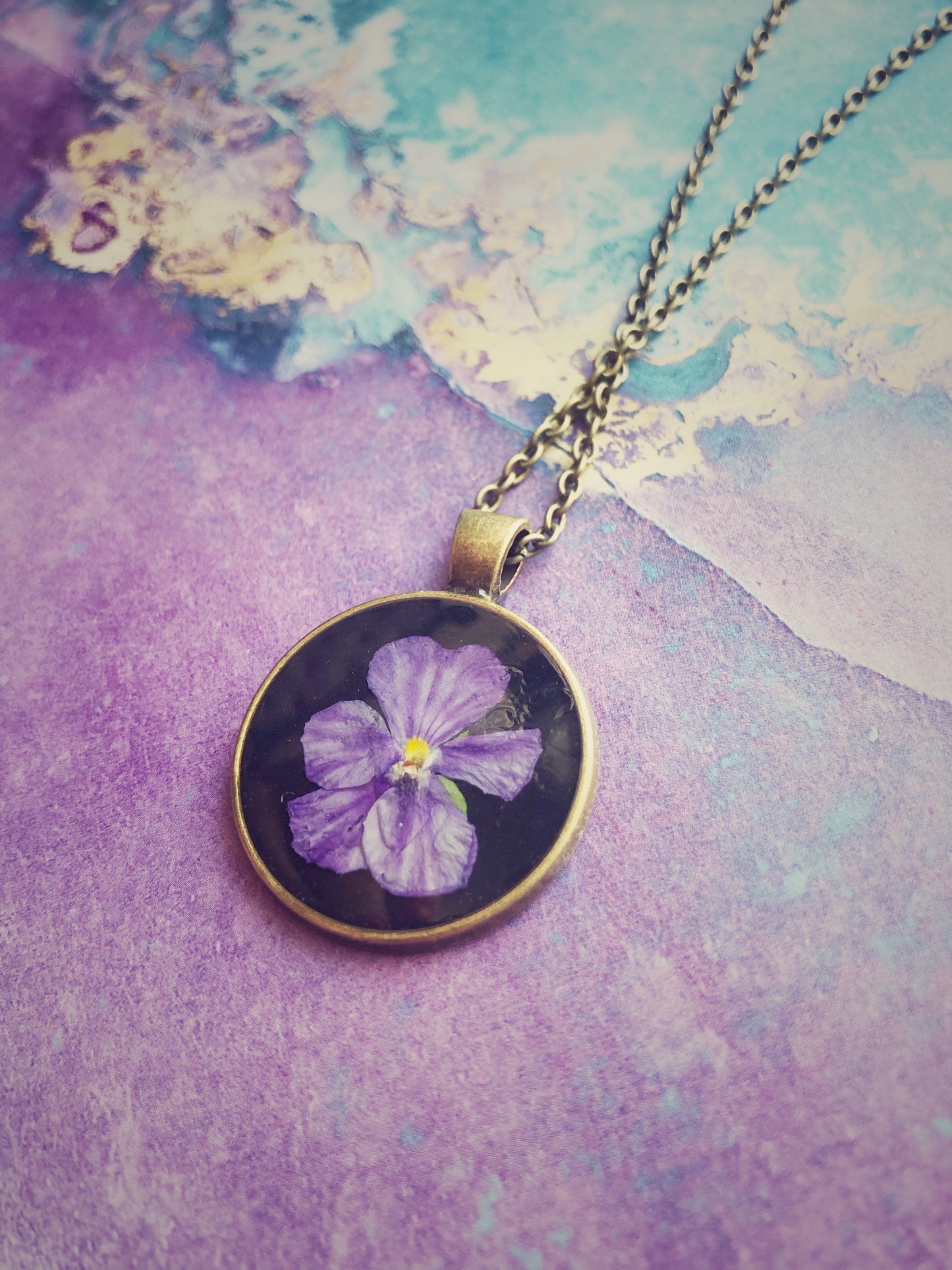 Bright Purple Pansy on Black Hand Made Pendant Necklace No.2