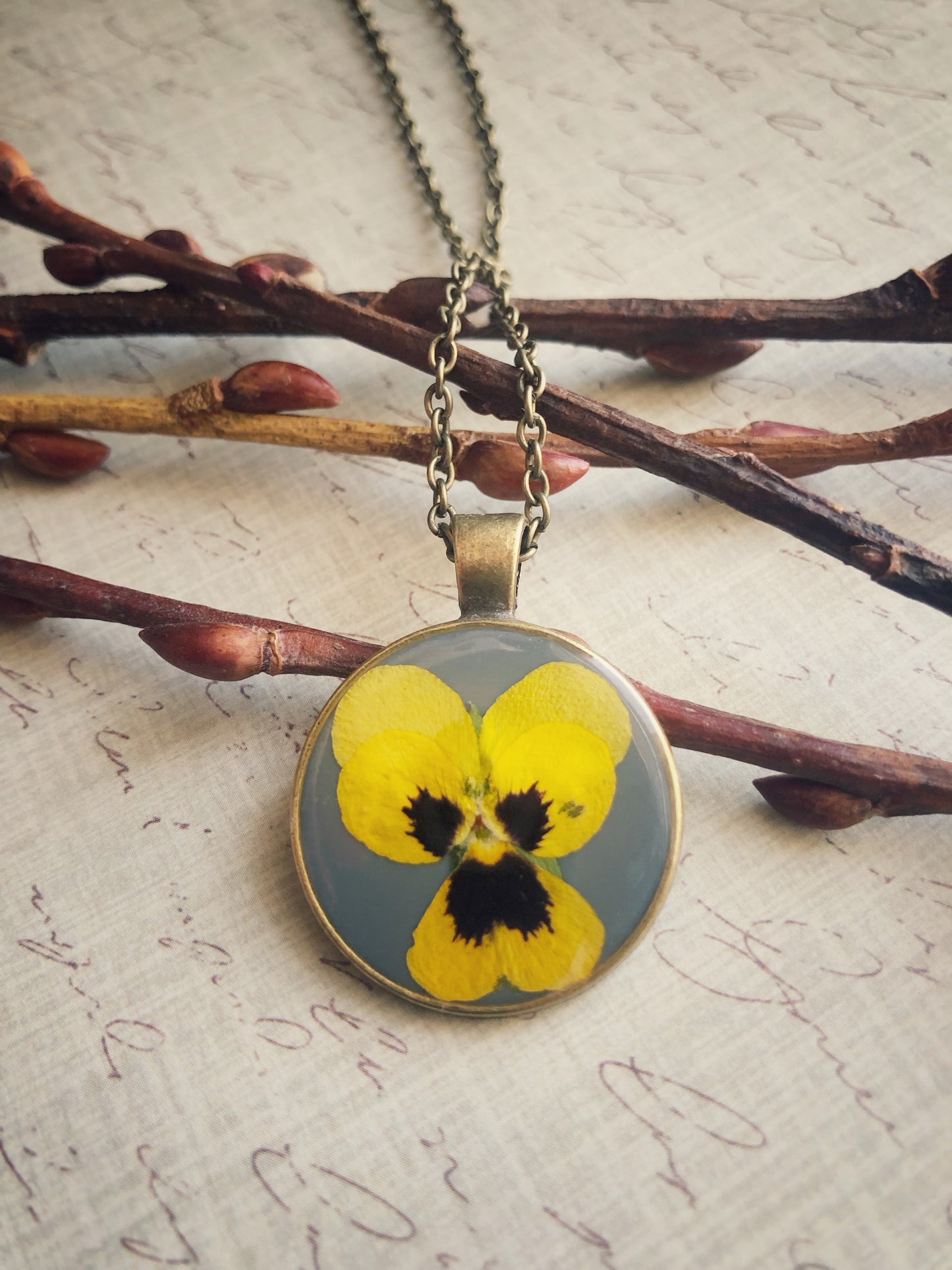 Yellow Pansy on Stone Blue Pendant Necklace No.3