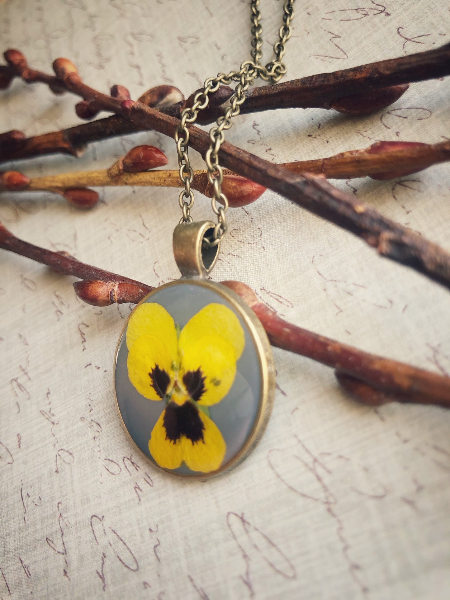 Yellow Pansy on Stone Blue Pendant Necklace No.3