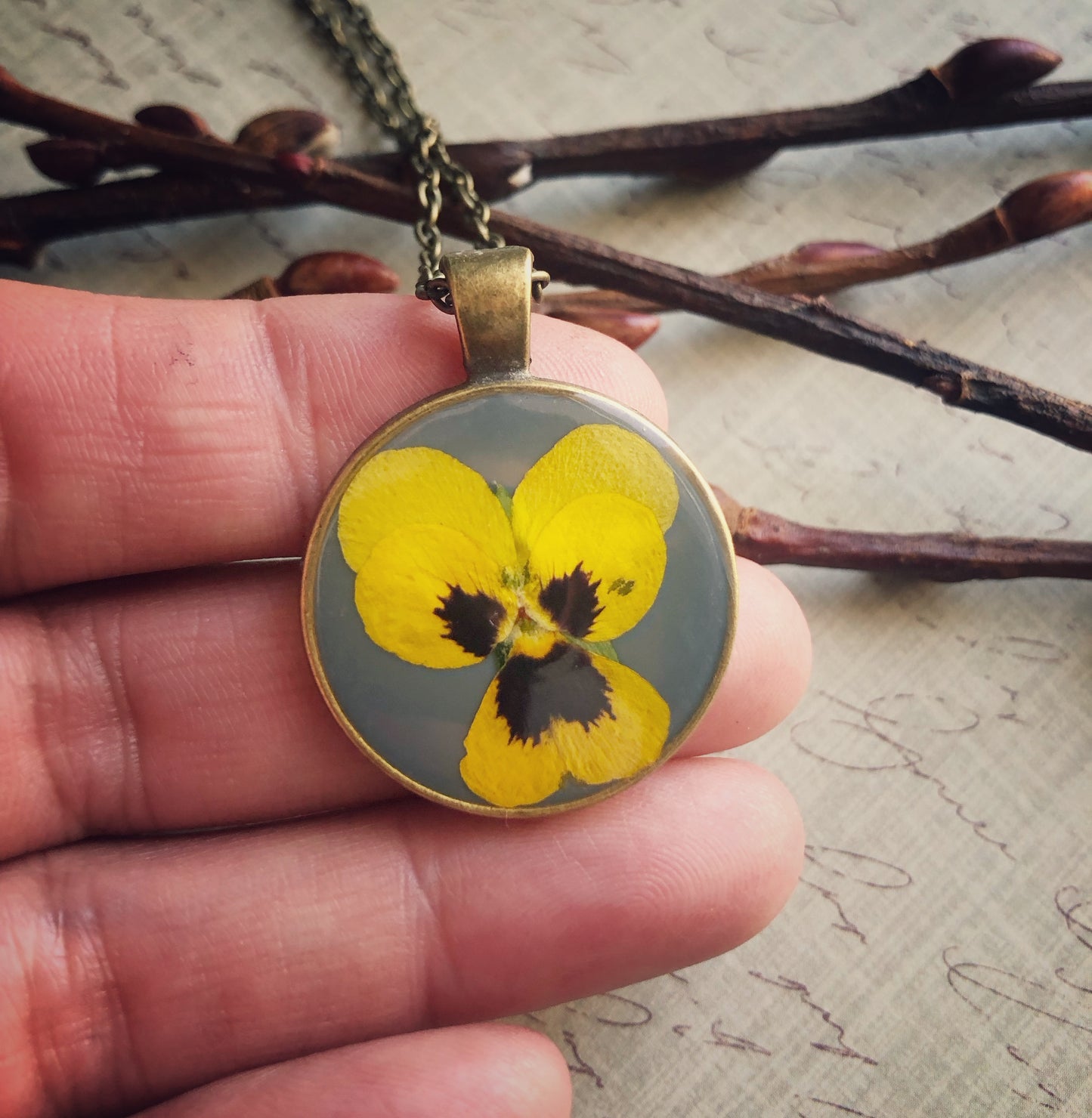 Yellow Pansy on Stone Blue Pendant Necklace No.3