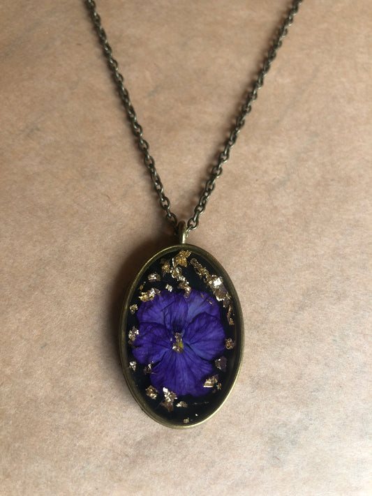 Purple Pansy on Black in Resin w Gold Flecks set in Brass