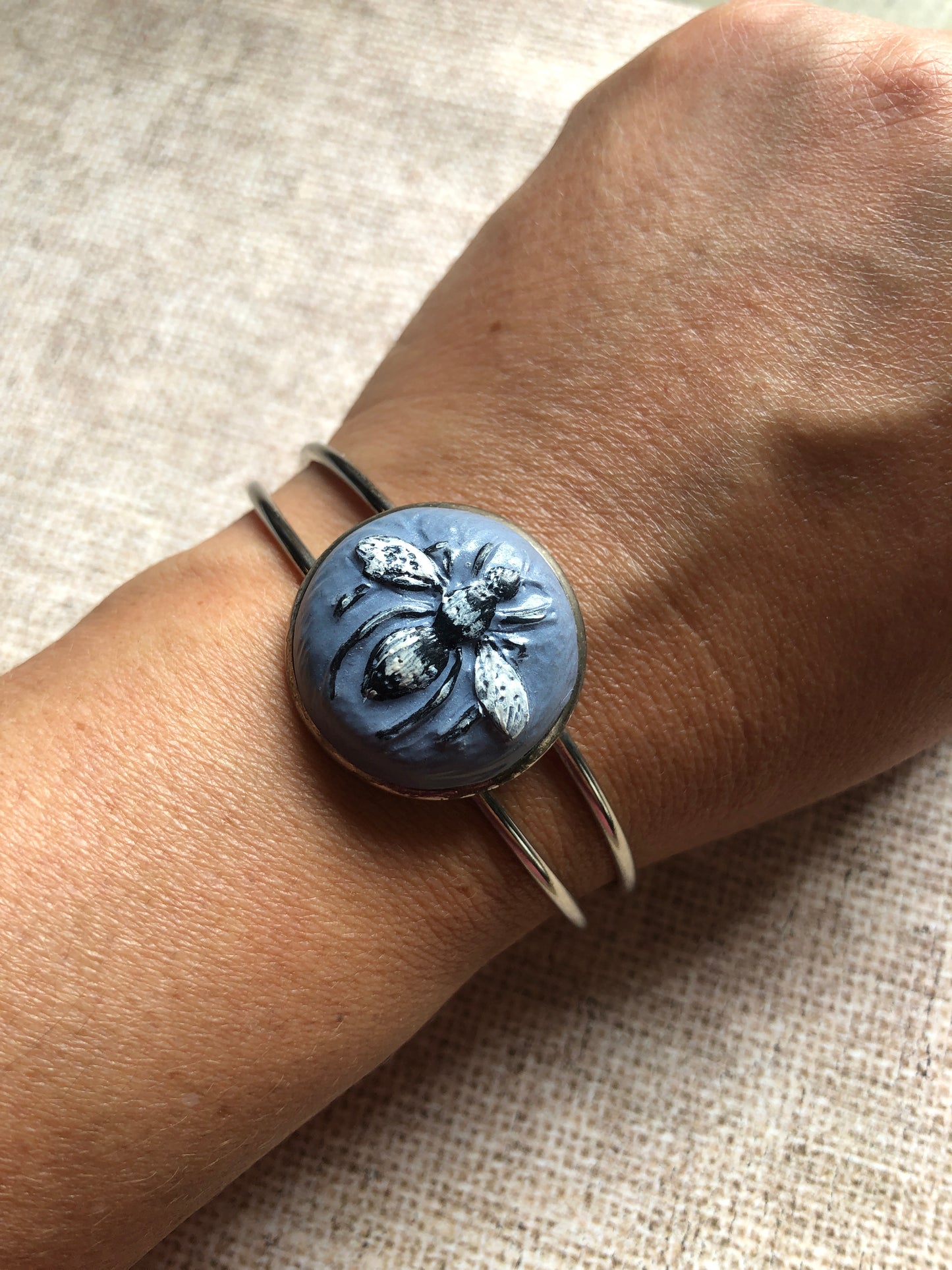 Hand Painted Bee on Periwinkle Clay Cabochon Set in Silver Plated Adjustable Cuff Bracelet